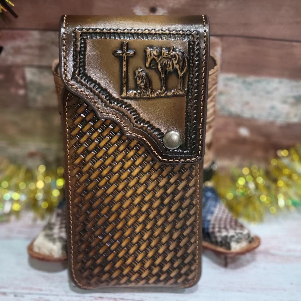 Praying Cowboy Leather Phone Holstor With Belt Clip LARGE 7x4" Basketweave Desi